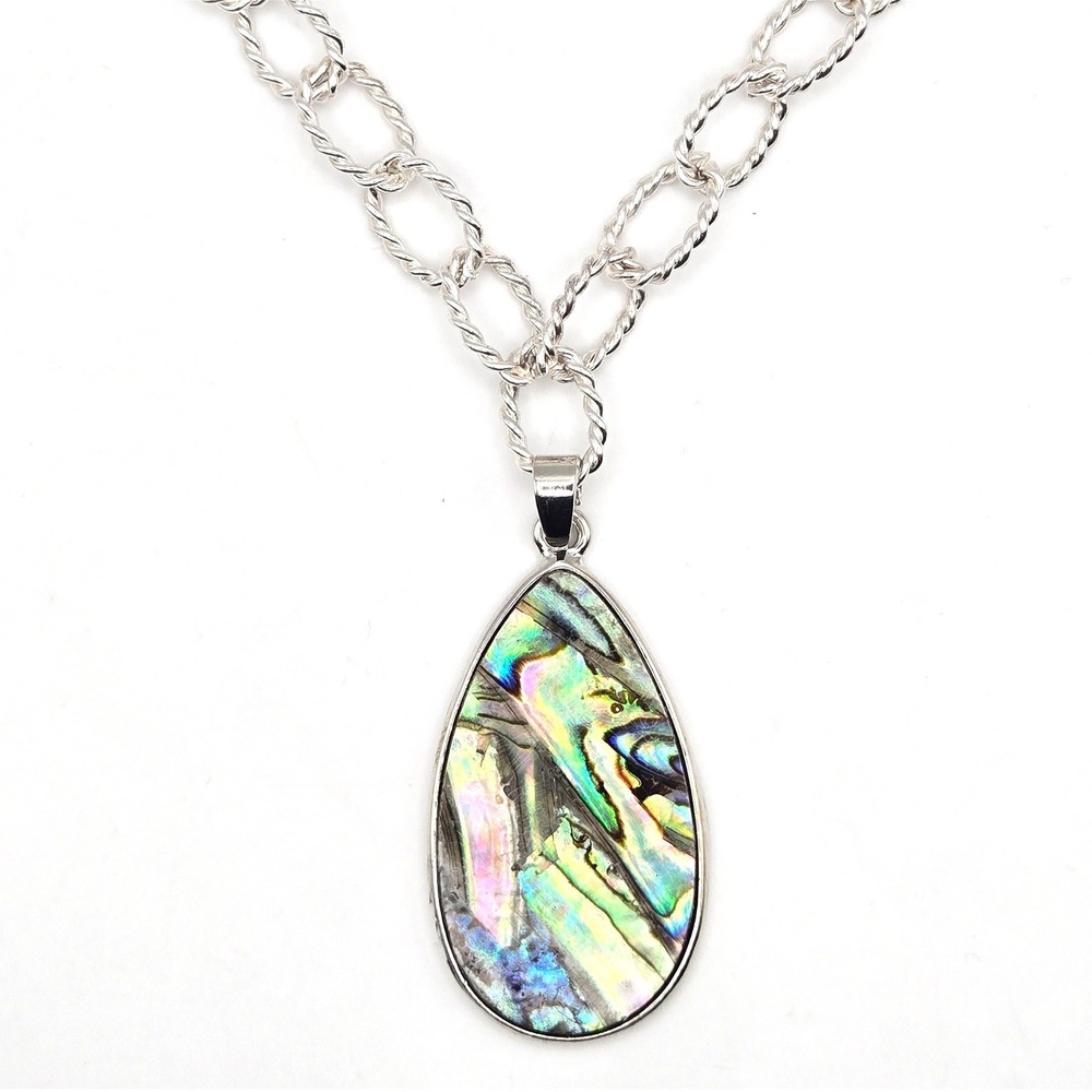 Colorful Natural Abalone Shell Teardrop Pendant Necklace Silver Tone Chain